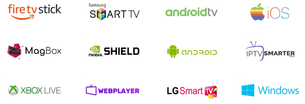 IPTV compatible devices logos including Firestick, Smart TV, Android TV, iOS, MagBox, Nvidia Shield, Xbox, LG TV and Windows