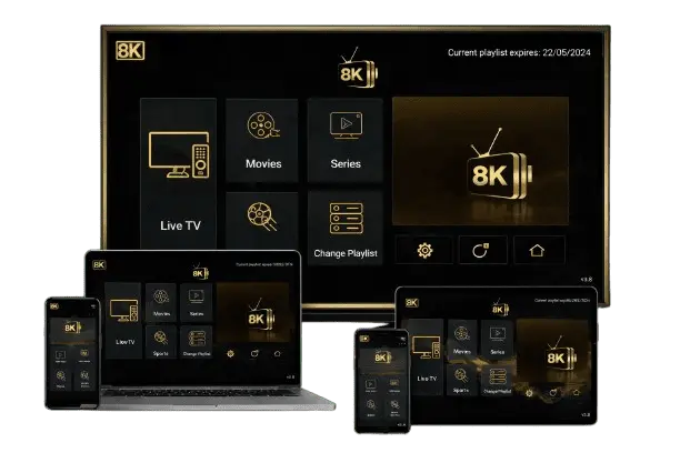 8K IPTV player interface displayed on TV, laptop, tablet and smartphone showing live TV, movies and series streaming