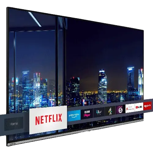 smart TV interface showing streaming apps and IPTV channels with modern display and entertainment system